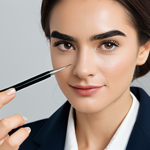 A professional, elegant woman, fully clothed in modest business attire, delicately applying a brow product with a precise tool to her eyebrow in a well-lit, minimalist beauty studio. Her hands are well-formed, demonstrating a natural pose as she focuses on precision. The scene highlights the artistic process of eyebrow grooming, with soft, professional lighting. Appropriate content, safe for work, fully clothed, perfect anatomy, correct proportions, natural body proportions, proper finger count, family-friendly, professional photography, high quality.