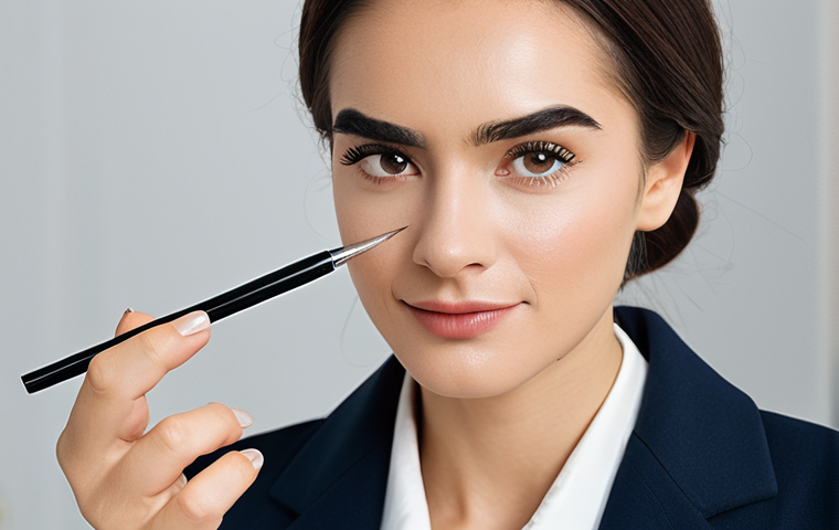 A professional, elegant woman, fully clothed in modest business attire, delicately applying a brow product with a precise tool to her eyebrow in a well-lit, minimalist beauty studio. Her hands are well-formed, demonstrating a natural pose as she focuses on precision. The scene highlights the artistic process of eyebrow grooming, with soft, professional lighting. Appropriate content, safe for work, fully clothed, perfect anatomy, correct proportions, natural body proportions, proper finger count, family-friendly, professional photography, high quality.
