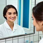 **

A professional woman applying Maybelline New York waterproof mascara in a brightly lit bathroom. She is smiling slightly and looking into a mirror. Fully clothed, modest attire, safe for work, appropriate content. The bathroom has a modern design with clean lines. Perfect anatomy, correct proportions, natural pose, well-formed hands, proper finger count, natural body proportions, professional photography, high quality.

**
