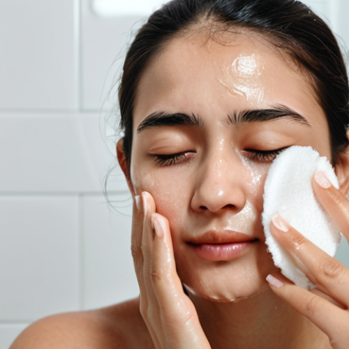Micellar Water**

"Close-up shot of a woman gently wiping her face with a cotton pad soaked in micellar water. Soft, diffused lighting. Focus on her clean, refreshed skin. Background: A modern, minimalist bathroom. *Keywords:* skincare, gentle, makeup removal, Hindi, beauty, healthy skin, sensitive skin."

**