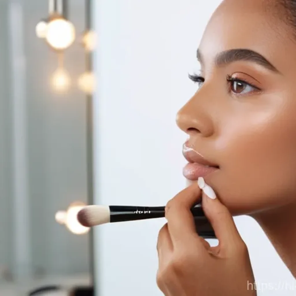 초보자를 위한 메이크업 브러쉬 세트 추천 - **A young woman confidently applying her makeup for a natural, flawless look.** She is elegantly dre...