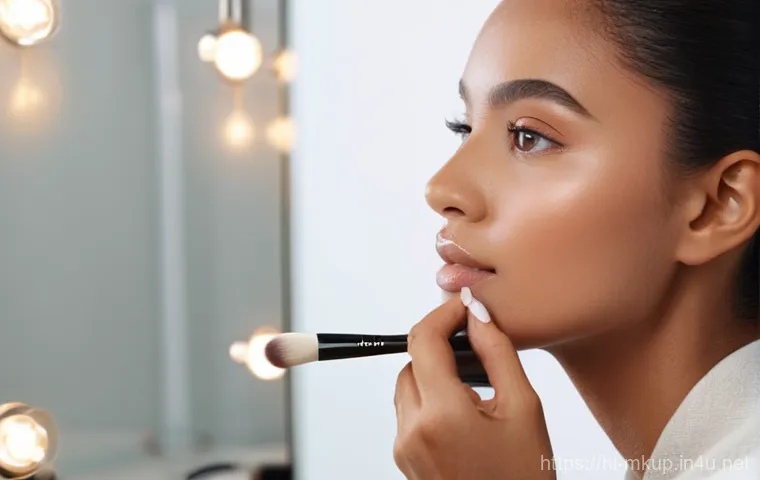초보자를 위한 메이크업 브러쉬 세트 추천 - **A young woman confidently applying her makeup for a natural, flawless look.** She is elegantly dre...