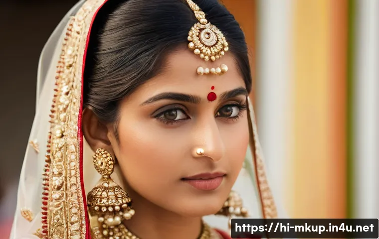 웨딩 메이크업에 적합한 제품 추천 - **"A close-up portrait of a radiant Indian bride on her wedding day, showcasing a flawless 'glass sk...