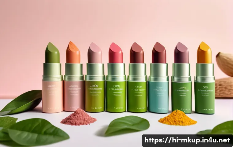 비건 립스틱 브랜드 추천 - A vibrant, close-up image of diverse hands holding eco-friendly vegan lipstick tubes with recycled p...