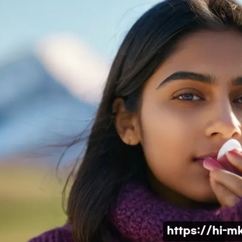 립 틴트와 립밤의 차이점 - A close-up portrait of a young Indian woman applying moisturizing lip balm outdoors on a cool, sunny...