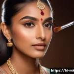 입체감을 주는 쉐딩 팁과 추천 제품 - A close-up portrait of a young Indian woman with medium skin tone applying contour makeup using prof...