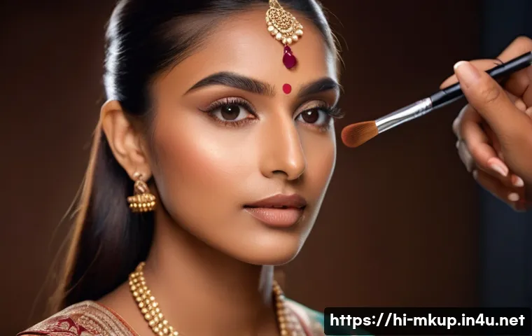 입체감을 주는 쉐딩 팁과 추천 제품 - A close-up portrait of a young Indian woman with medium skin tone applying contour makeup using prof...