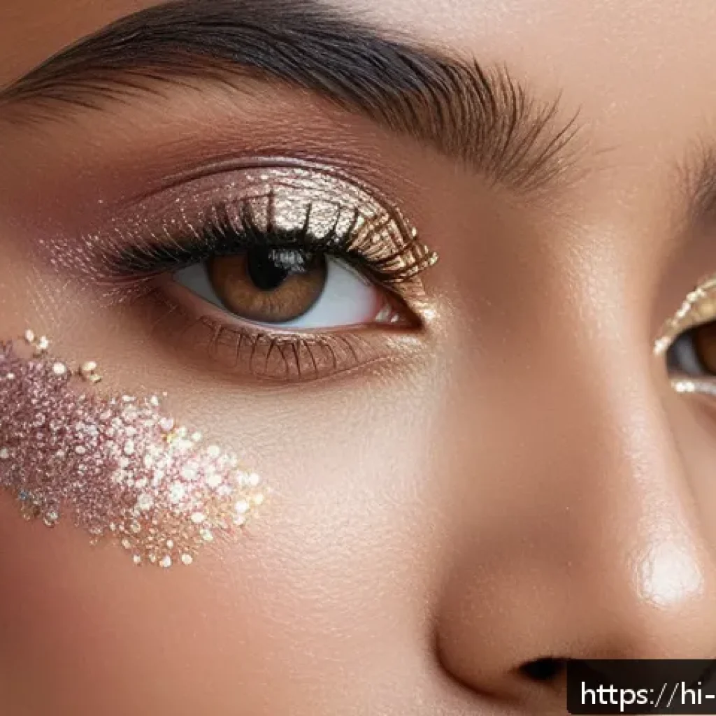 홀리카홀리카 글리터 섀도우 리뷰 - A close-up portrait of a young Indian woman applying fine silver and pastel glitter eyeshadow with a...
