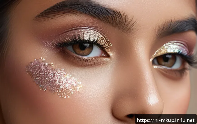 홀리카홀리카 글리터 섀도우 리뷰 - A close-up portrait of a young Indian woman applying fine silver and pastel glitter eyeshadow with a...