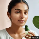 페이스 미스트로 피부 광택 유지 - A close-up portrait of a young Indian woman with clear, glowing skin applying a herbal and organic f...