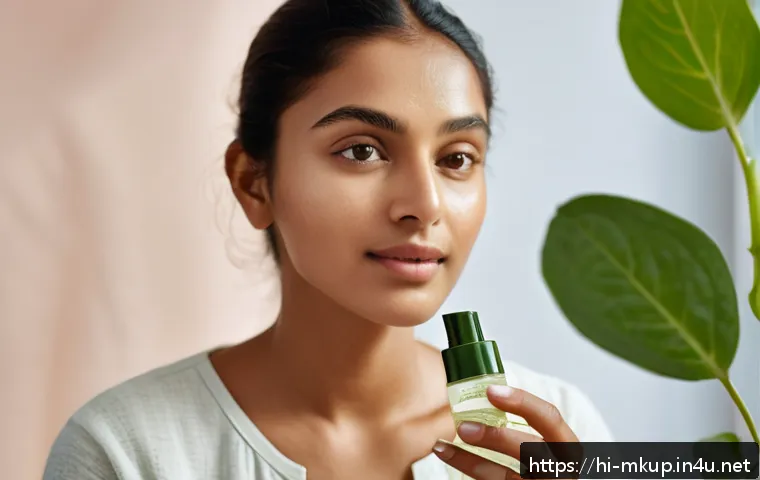페이스 미스트로 피부 광택 유지 - A close-up portrait of a young Indian woman with clear, glowing skin applying a herbal and organic f...