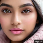 겨울철 핑크톤 메이크업 아이디어 - A close-up portrait of a young South Asian woman with flawless, hydrated skin in winter, showcasing ...