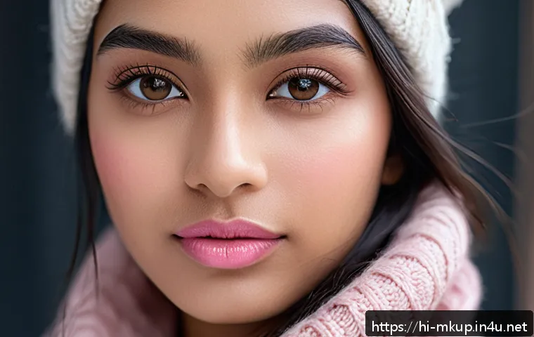겨울철 핑크톤 메이크업 아이디어 - A close-up portrait of a young South Asian woman with flawless, hydrated skin in winter, showcasing ...